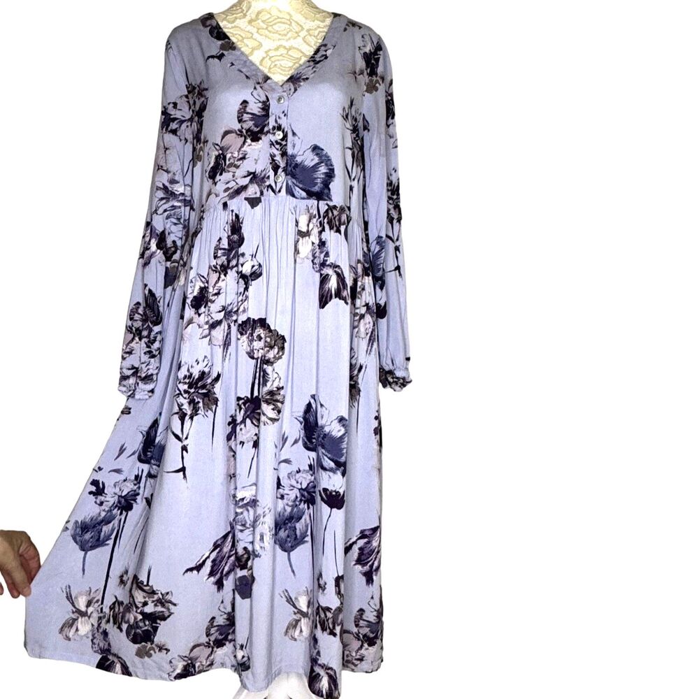 Susina Floral Print Midi Dress Button Front V Neck Blue XS